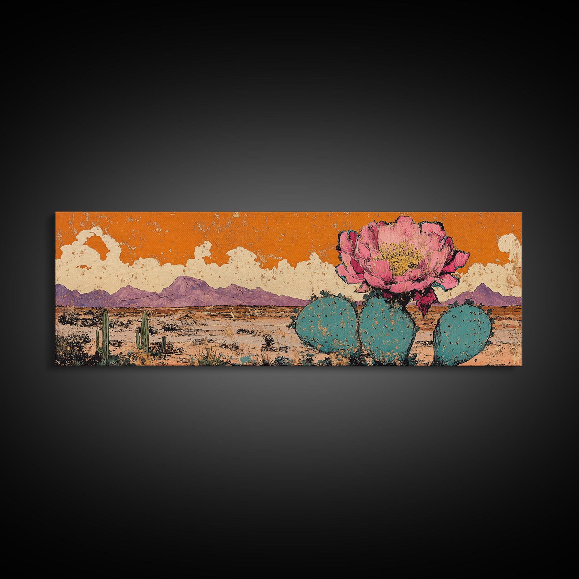 Pink Prickly Pear Cactus Desert Wall Art, Framed Canvas Print, Southwestern Decor, Orange Landscape, Gift For Plant Lover