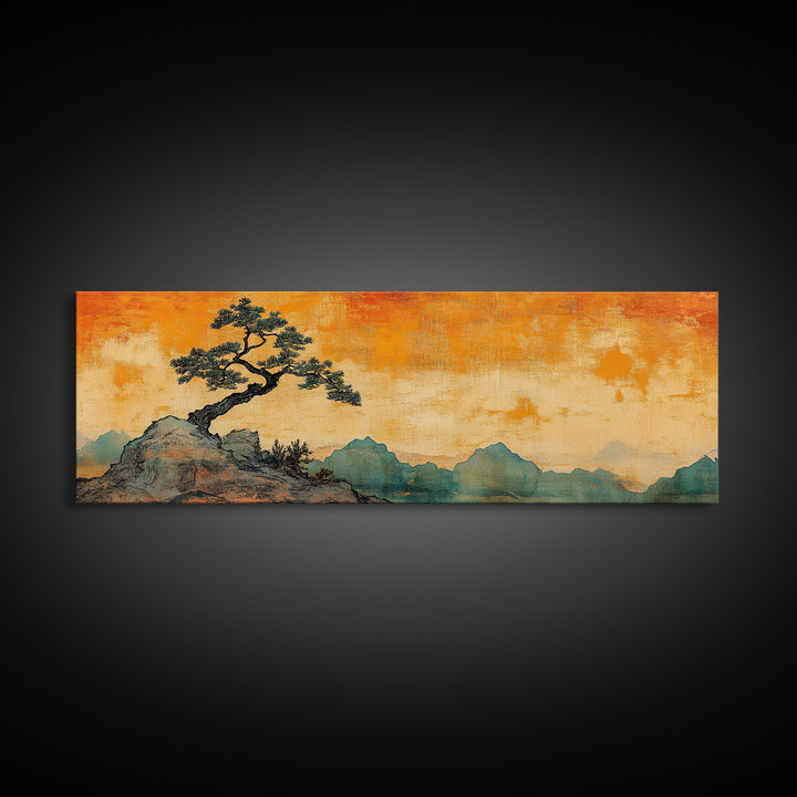 Lone Windblown Pine Orange Mountain Wall Art, Panoramic Canvas Print, Japandi Landscape Decor, Asian Inspired Home Decor