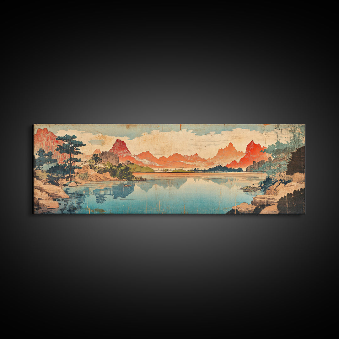 Red Peaks Reflecting In Lake Landscape Wall Art, Wide Horizontal Canvas Print, Japanese Inspired Decor, Large Living Room Art