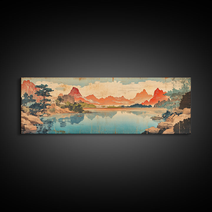 Red Peaks Reflecting In Lake Landscape Wall Art, Wide Horizontal Canvas Print, Japanese Inspired Decor, Large Living Room Art