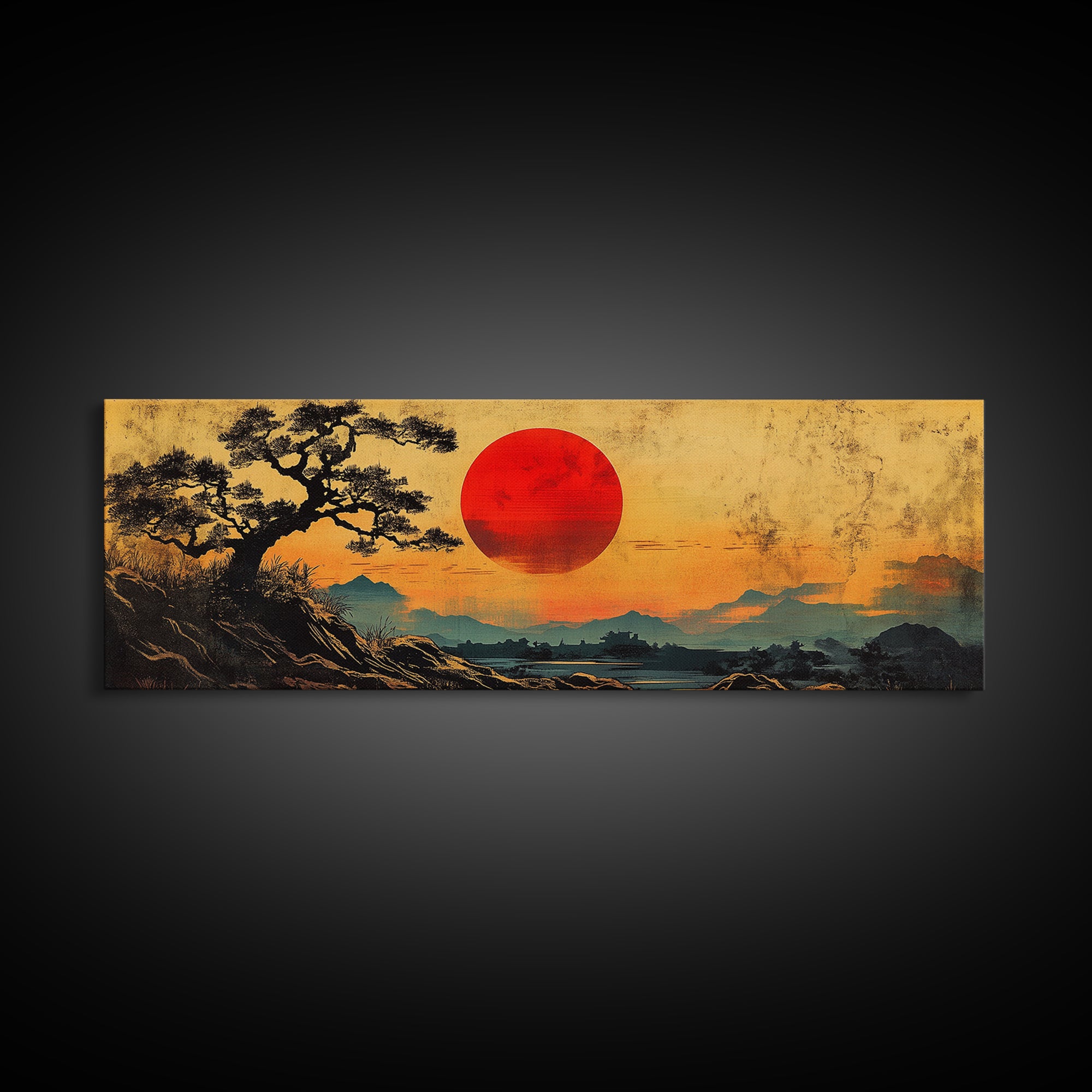 Red Sunset Over Pine Tree Japanese Wall Art, Panoramic Canvas Print, Japandi Landscape Decor, Zen Living Room Wall Art Print