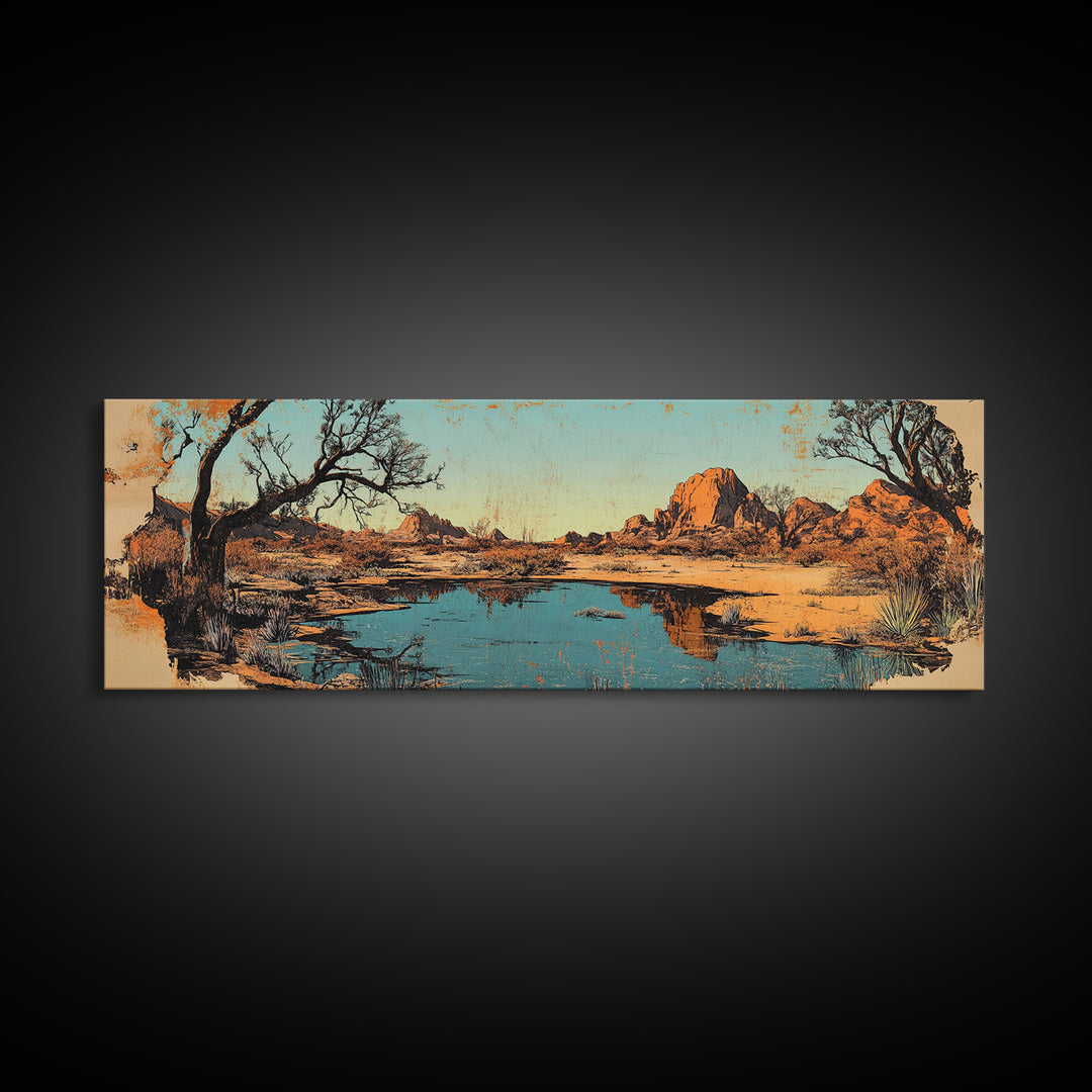 Southwestern Desert Lake Reflection Wall Art, Long Horizontal Canvas Print, Rustic Landscape, Warm Earth Tone Living Room Decor