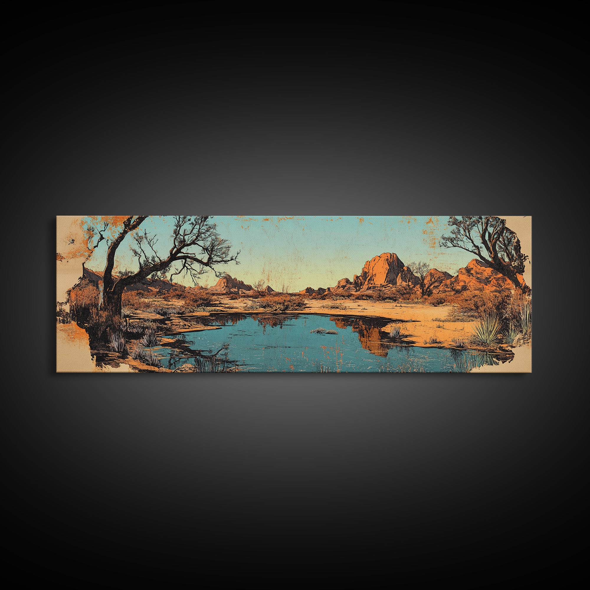 Southwestern Desert Lake Reflection Wall Art, Long Horizontal Canvas Print, Rustic Landscape, Warm Earth Tone Living Room Decor