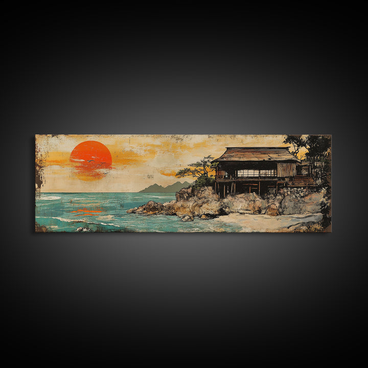 Japanese Seaside House Orange Sunset Wall Art, Framed Canvas Print, Coastal Ocean Landscape, Beach House Living Room Decor