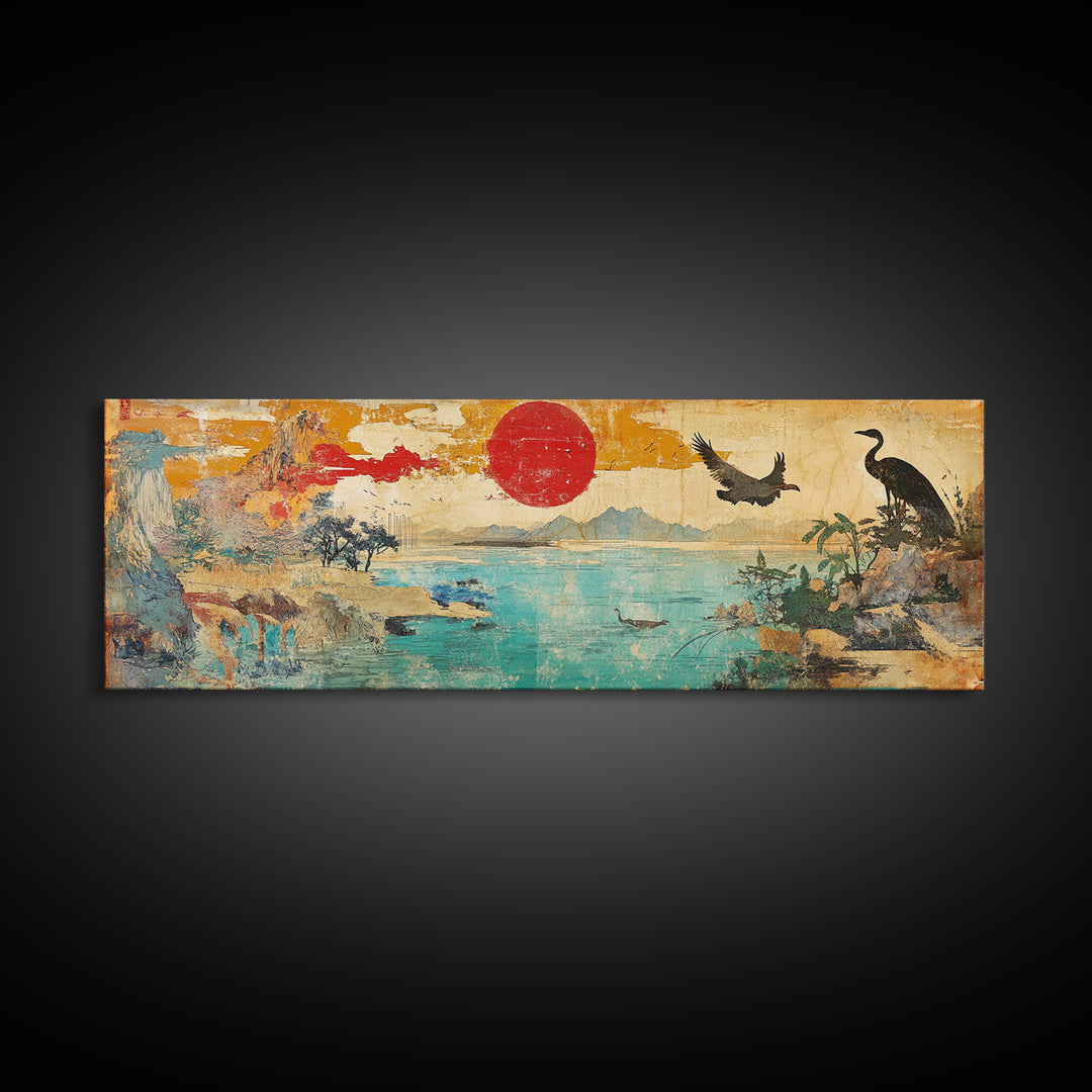 Red Sun Coastal Crane And Deer Wall Art, Panoramic Canvas Print, Japanese Landscape, Bird Wildlife Decor For Living Room