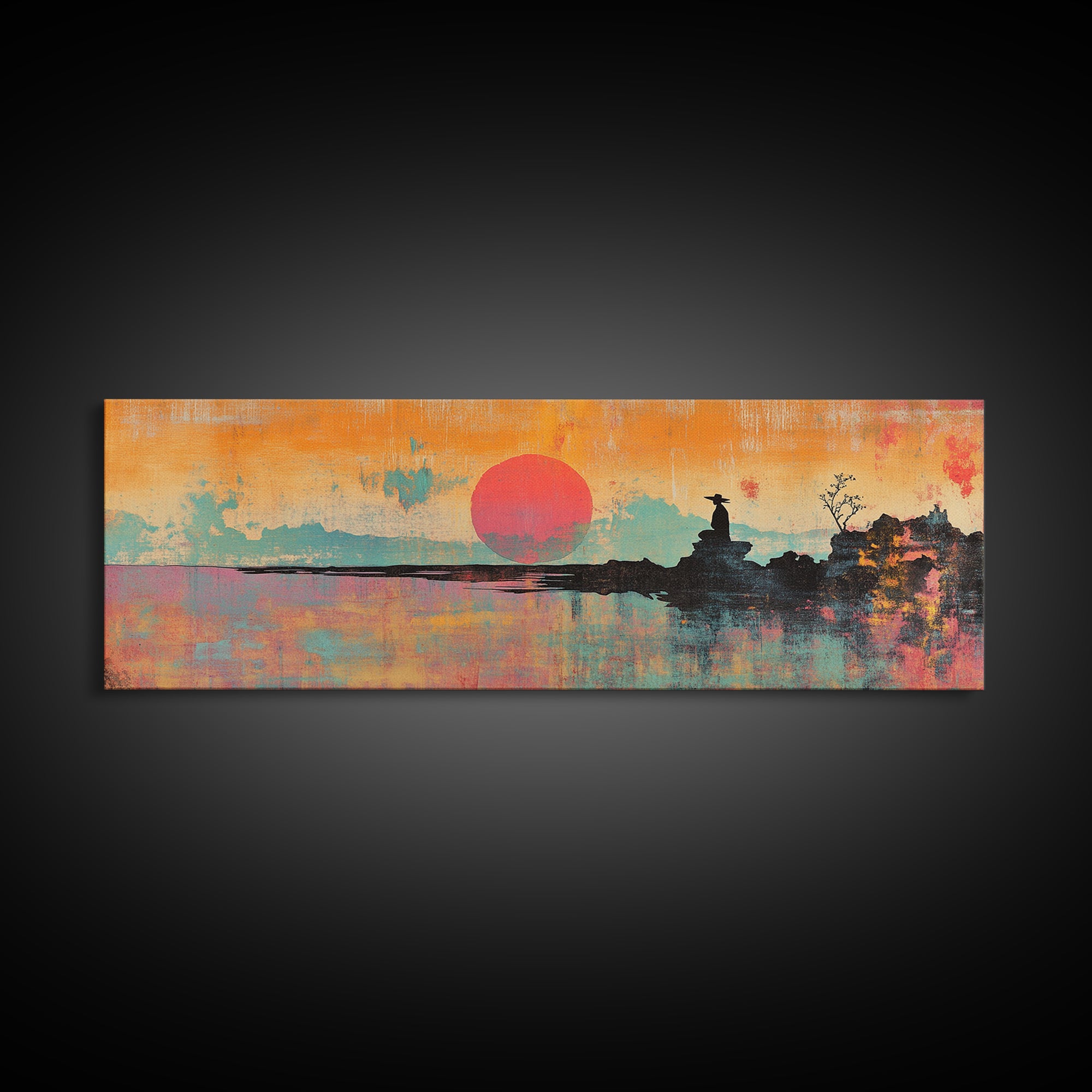 Abstract Orange Sun Over Still Water Wall Art, Framed Canvas Print, Minimalist Seascape, Japandi Modern Coastal Bedroom Decor