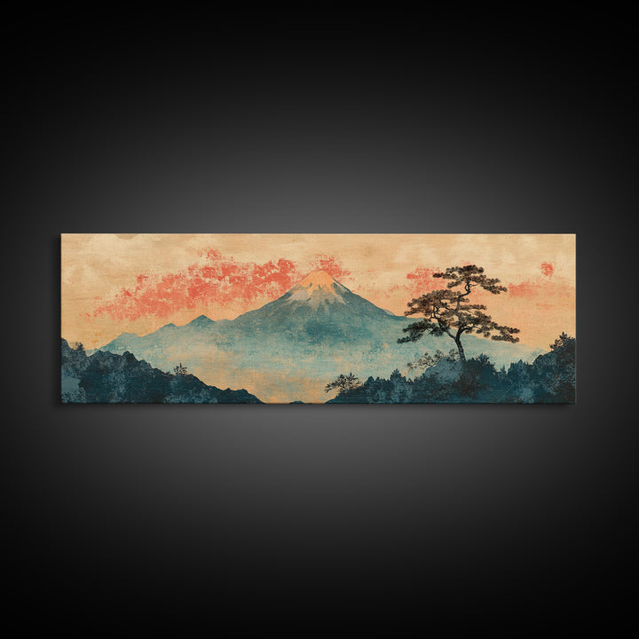 Misty Mount Fuji Pine Tree Wall Art, Long Horizontal Canvas Print, Japanese Landscape, Serene Japandi Nature Living Room Decor