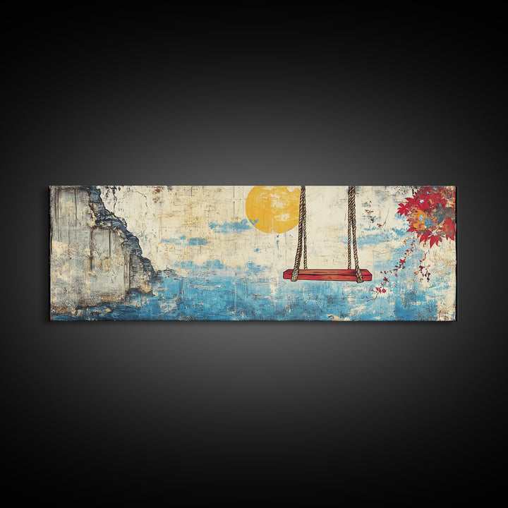 Ocean Cliff Swing Yellow Moon Wall Art, Long Horizontal Canvas Print, Coastal Blue Seascape, Japanese Minimalist Bedroom Decor