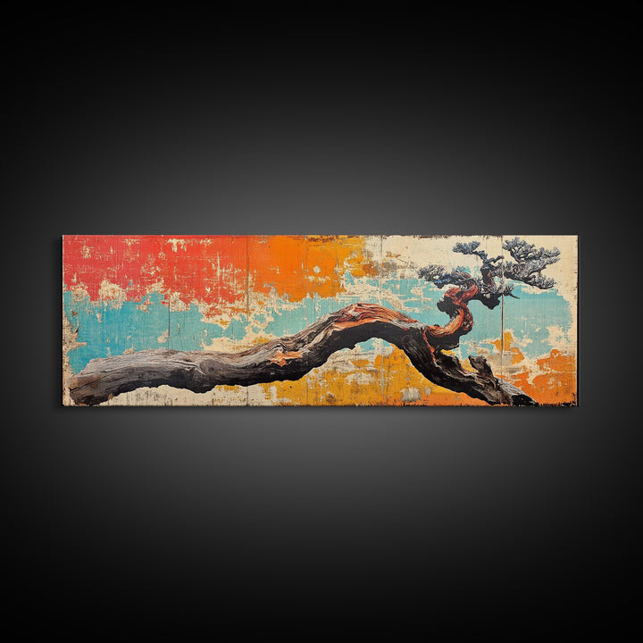Gnarled Bonsai Tree Branch Wall Art, Japanese Nature Print, Wabi Sabi Decor, Rustic Horizontal Canvas For Modern Living Room