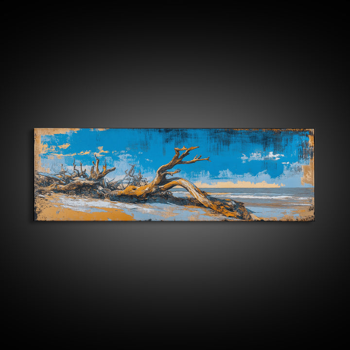 Driftwood Beach And Blue Sky Canvas Print, Coastal Wall Art, Nautical Landscape Decor, Large Horizontal Print For Beach House