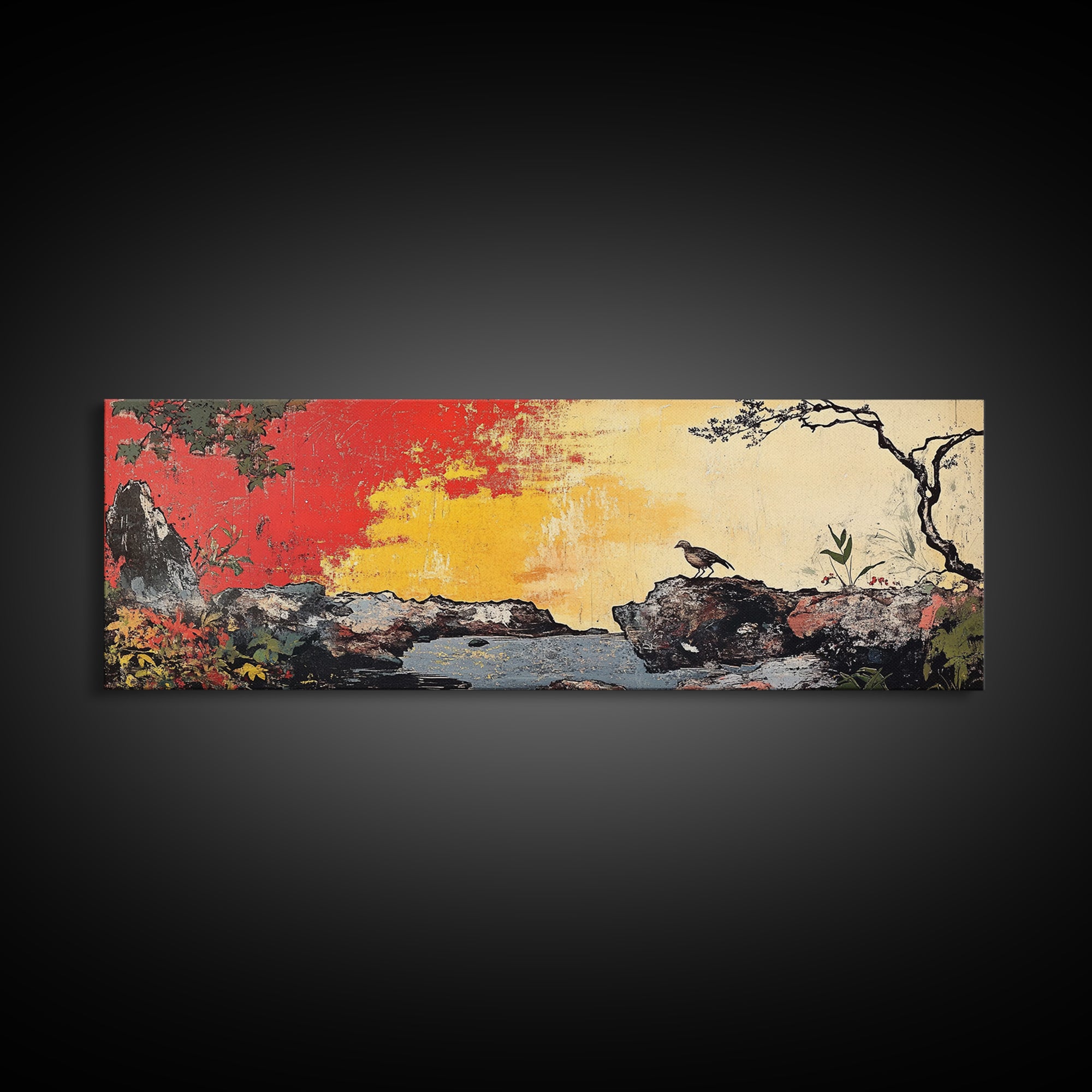 Crow On Rocky Japanese Garden Wall Art, Red Sunset Landscape Print, Asian Inspired Decor, Large Horizontal Canvas For Living Room