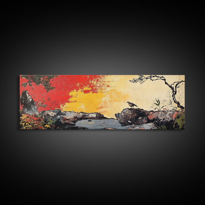 Crow On Rocky Japanese Garden Wall Art, Red Sunset Landscape Print, Asian Inspired Decor, Large Horizontal Canvas For Living Room