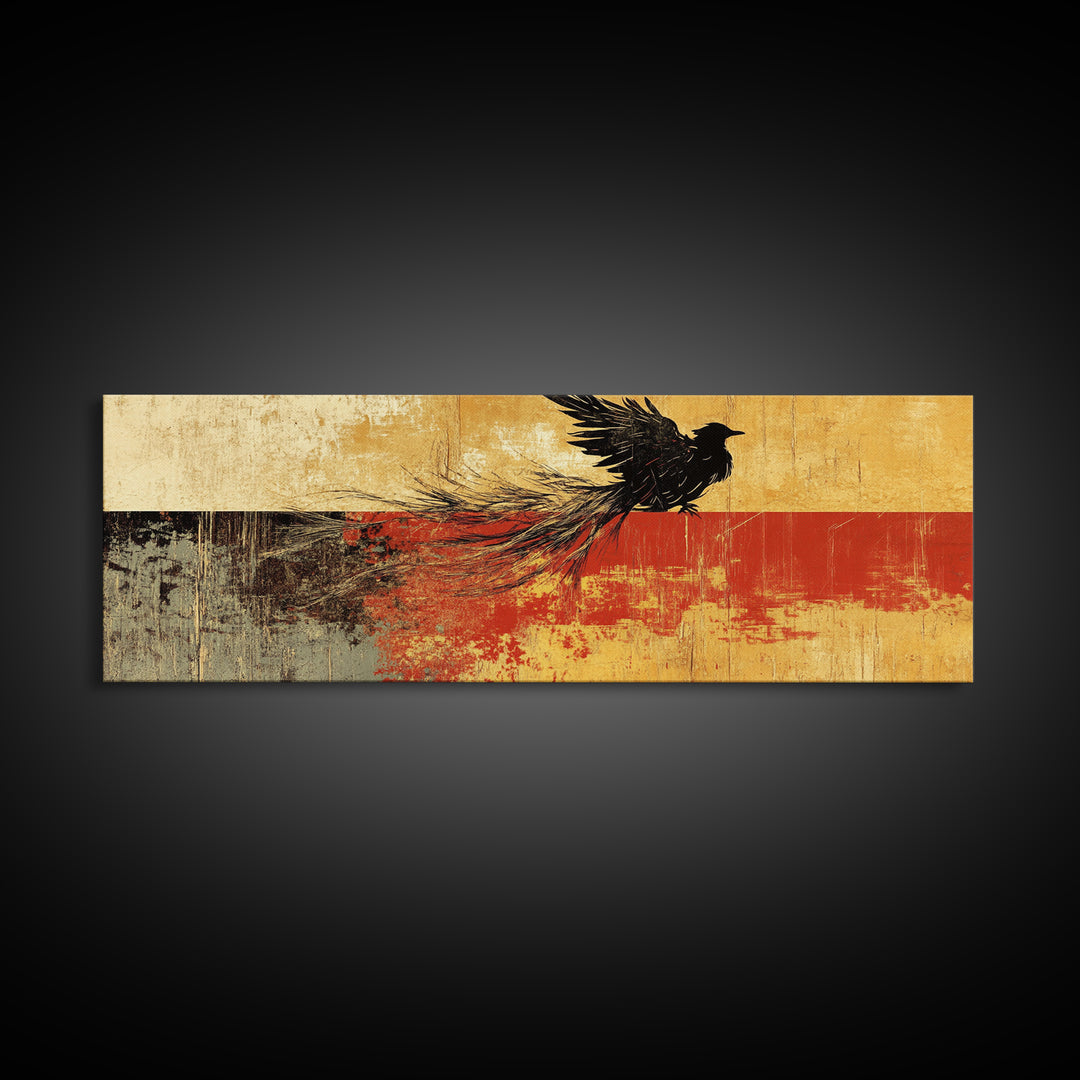 Black Bird In Flight Wall Art, Japanese Raven Print, Red And Gold Abstract Nature Decor, Large Horizontal Canvas For Office