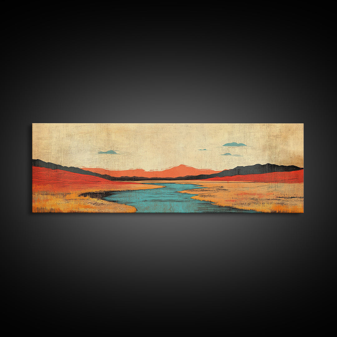 Red Grass Valley River Landscape Canvas Print, Modern Southwestern Wall Art, Wide Horizontal Nature Decor For Living Room