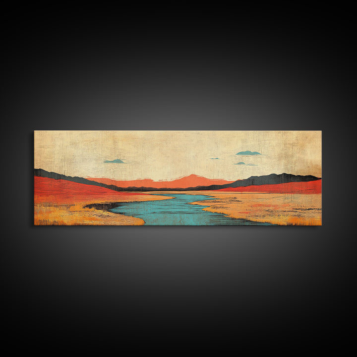 Red Grass Valley River Landscape Canvas Print, Modern Southwestern Wall Art, Wide Horizontal Nature Decor For Living Room