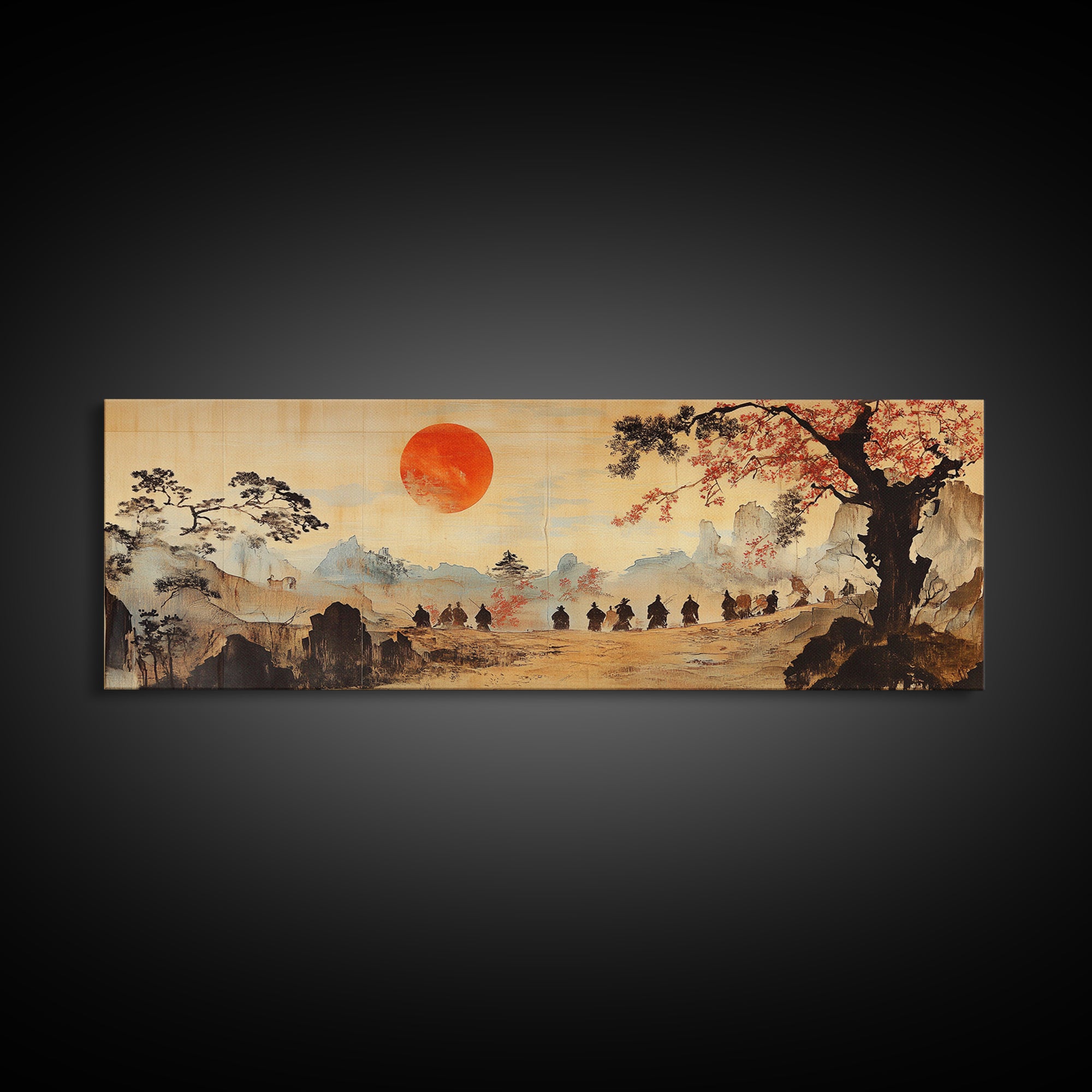 Red Sun Mountain Journey Wall Art, Japanese Landscape Print, Panoramic Canvas, Asian Home Decor, Living Room Decor Gift Idea