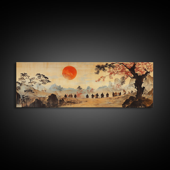 Red Sun Mountain Journey Wall Art, Japanese Landscape Print, Panoramic Canvas, Asian Home Decor, Living Room Decor Gift Idea