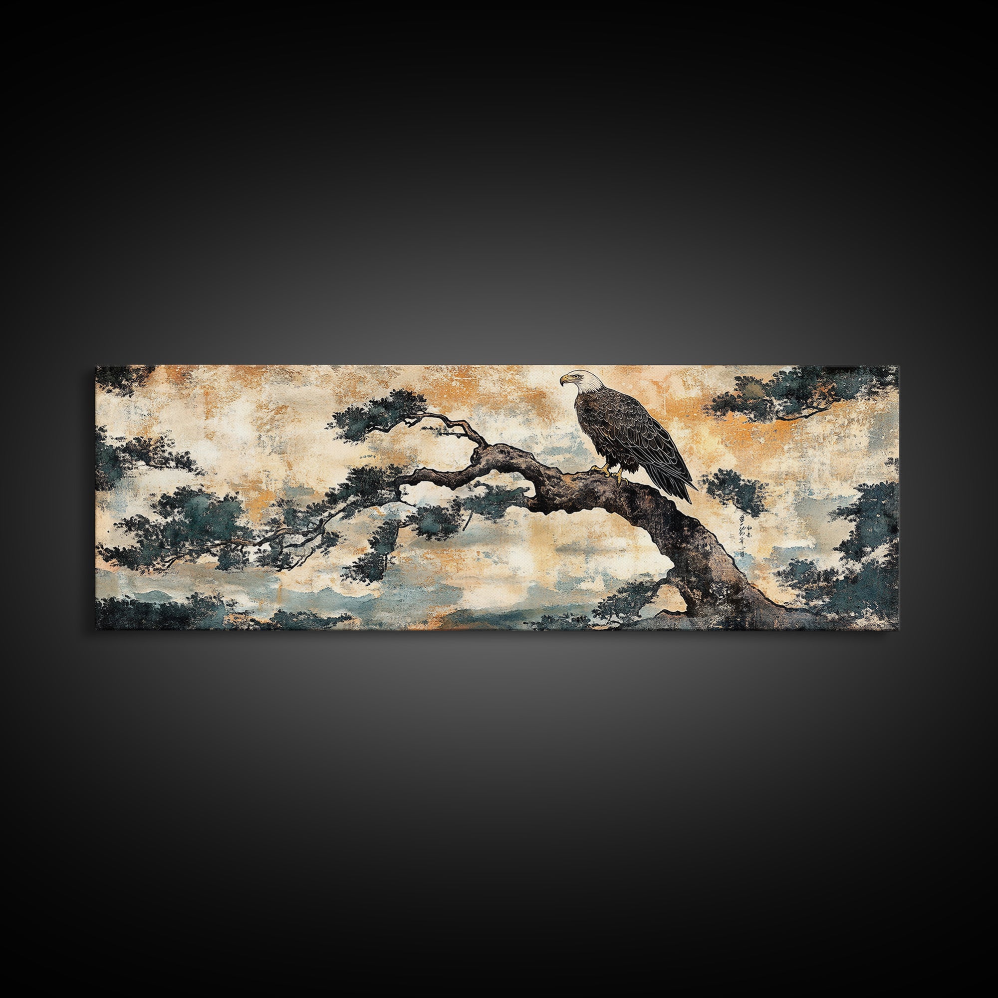 Eagle Pine Branch Wall Art, Japanese Bird Print, Panoramic Wildlife Canvas, Nature Inspired Decor, Office Living Room Art