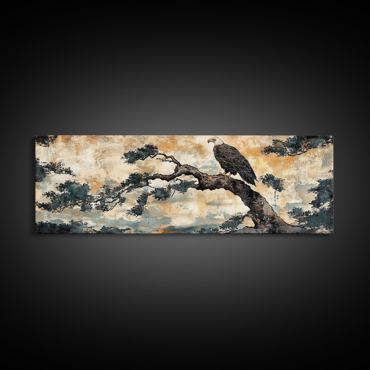 Eagle Pine Branch Wall Art, Japanese Bird Print, Panoramic Wildlife Canvas, Nature Inspired Decor, Office Living Room Art