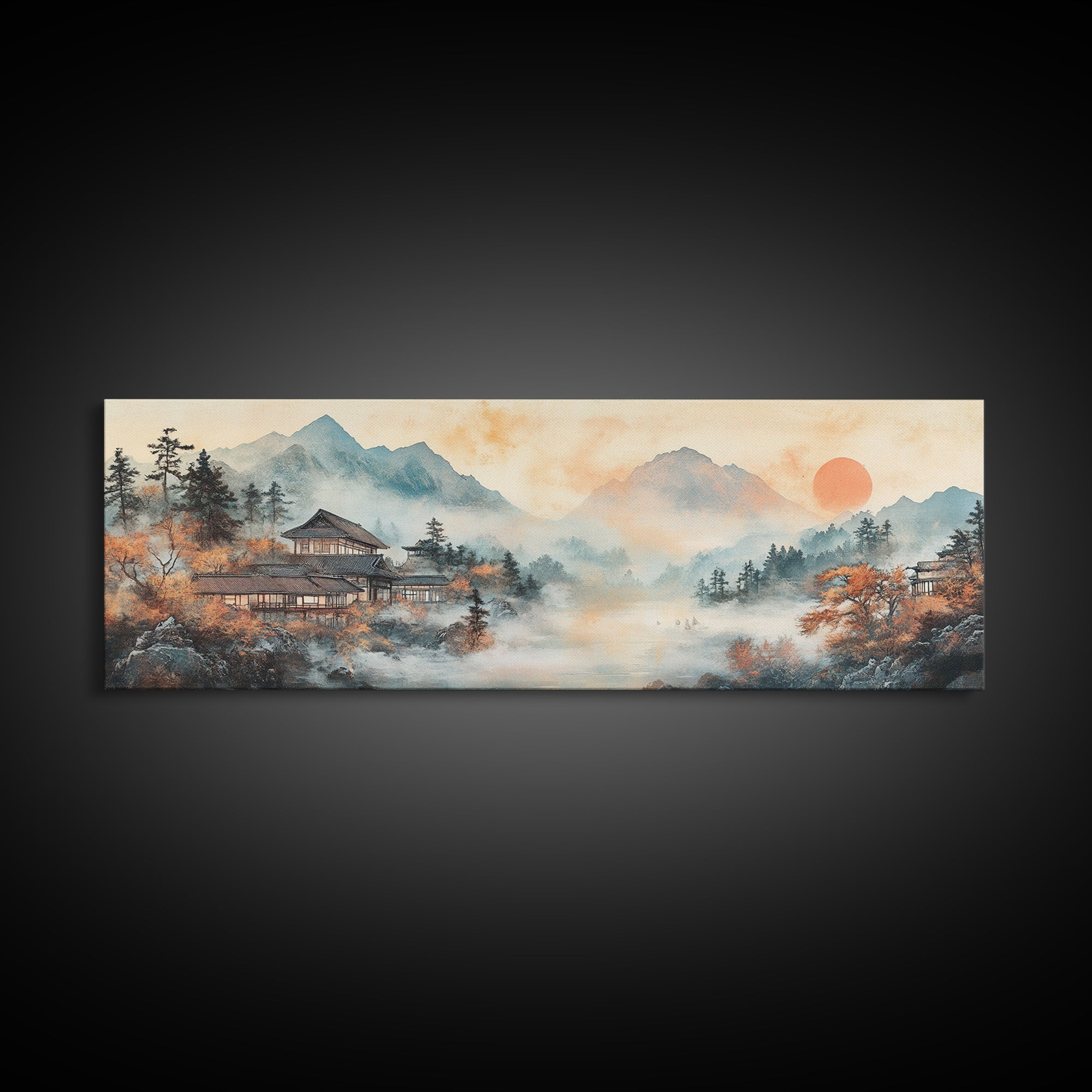 Misty Mountain Temple Framed Canvas Print, Japanese Landscape Art, Zen Lake Wall Decor, Panoramic Living Room Decor Gift