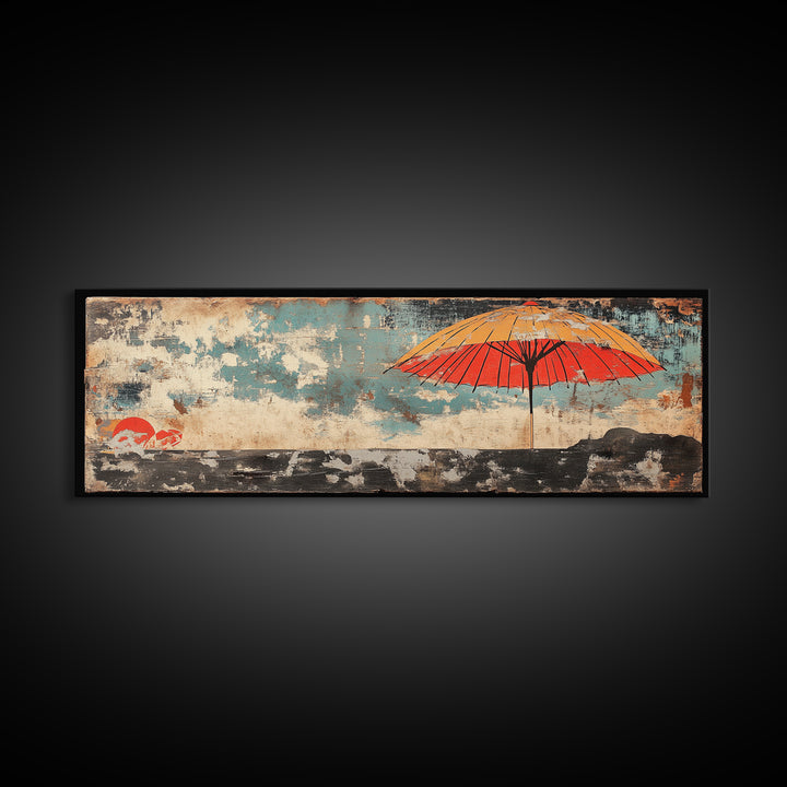 Red Umbrella Seascape Wall Art, Japanese Coastal Print, Minimalist Canvas, Beach House Decor, Asian Living Room Decor Gift
