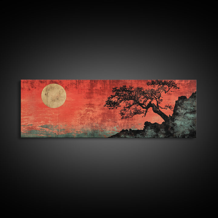Red Moon Bonsai Silhouette Framed Canvas Print, Japanese Zen Landscape, Moody Wall Art, Asian Decor For Living Room Decor