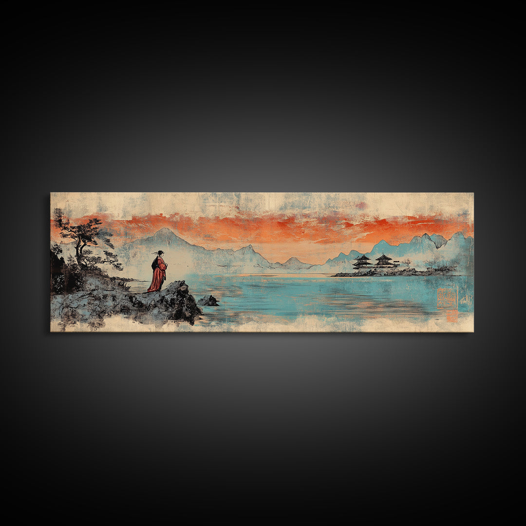 Geisha By Lake Wall Art, Japanese Sunset Landscape Print, Pagoda Canvas, Asian Home Decor, Panoramic Living Room Art Gift
