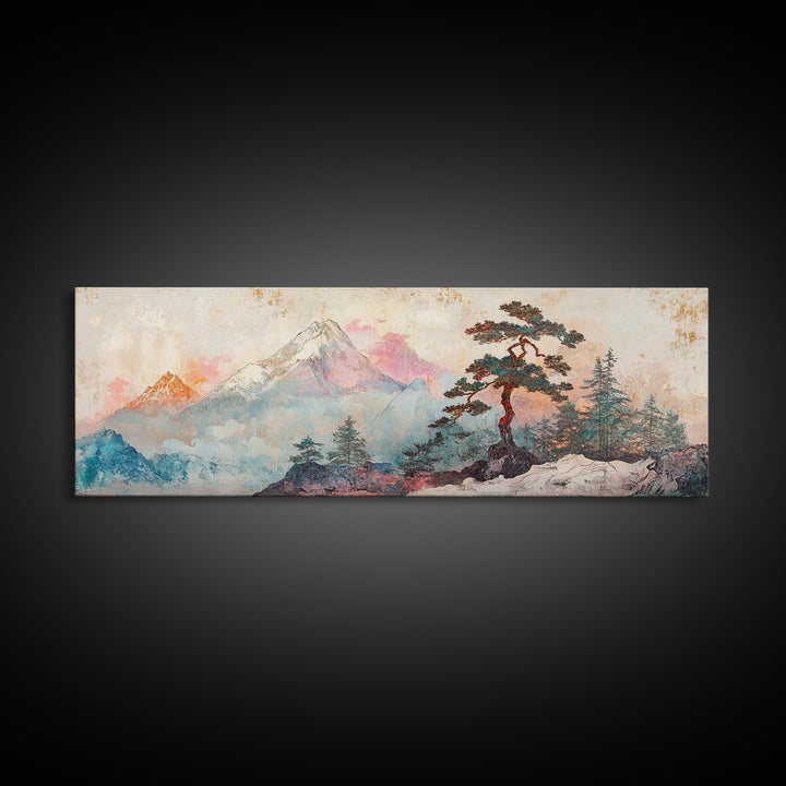 Snowy Mount Fuji Pine Canvas Print, Japanese Mountain Landscape, Winter Wall Art, Zen Nature Decor, Above Sofa Wall Decor
