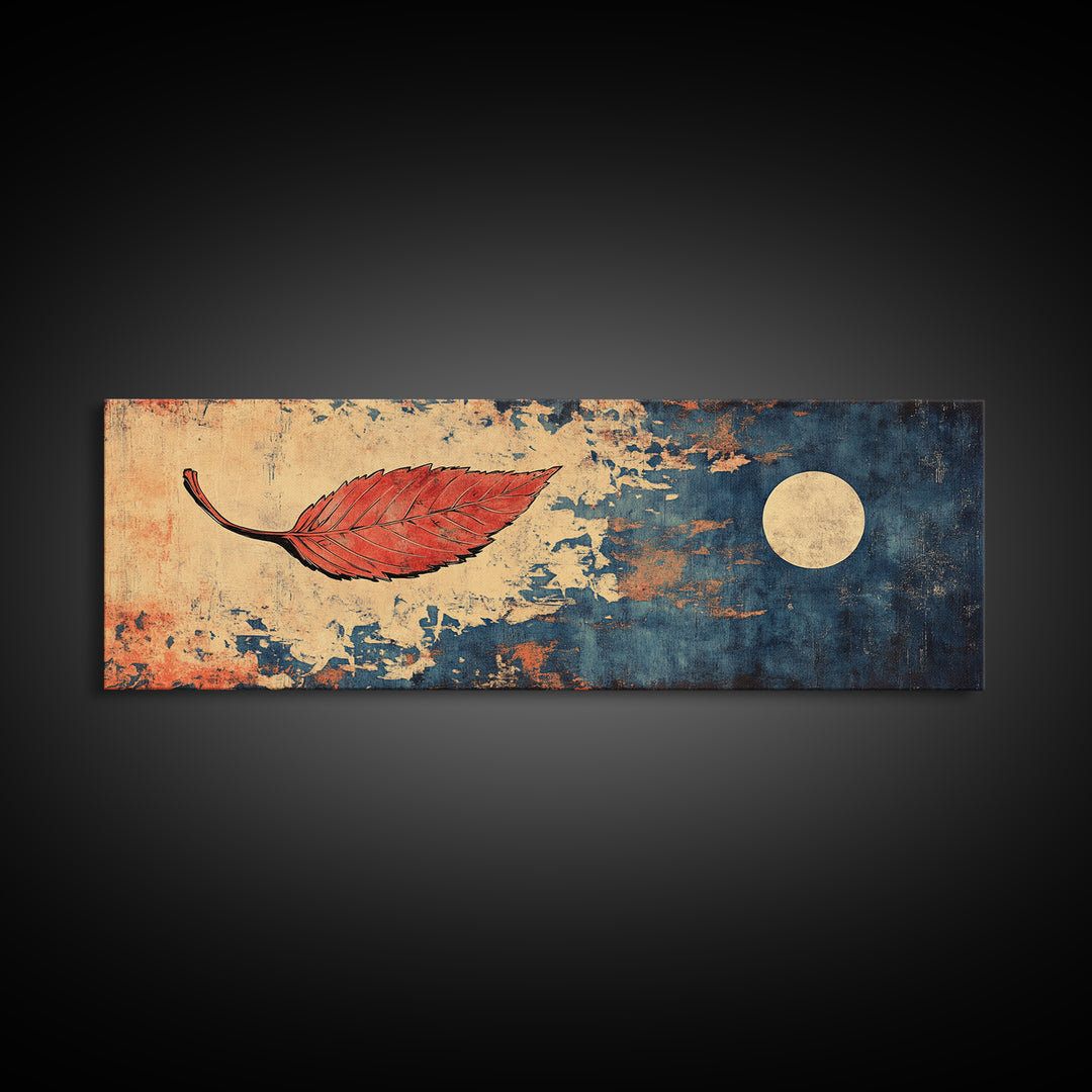 Red Autumn Leaf Wall Art, Japanese Minimalist Print, Navy Blue Canvas, Nature Inspired Decor, Modern Asian Home Decor Gift