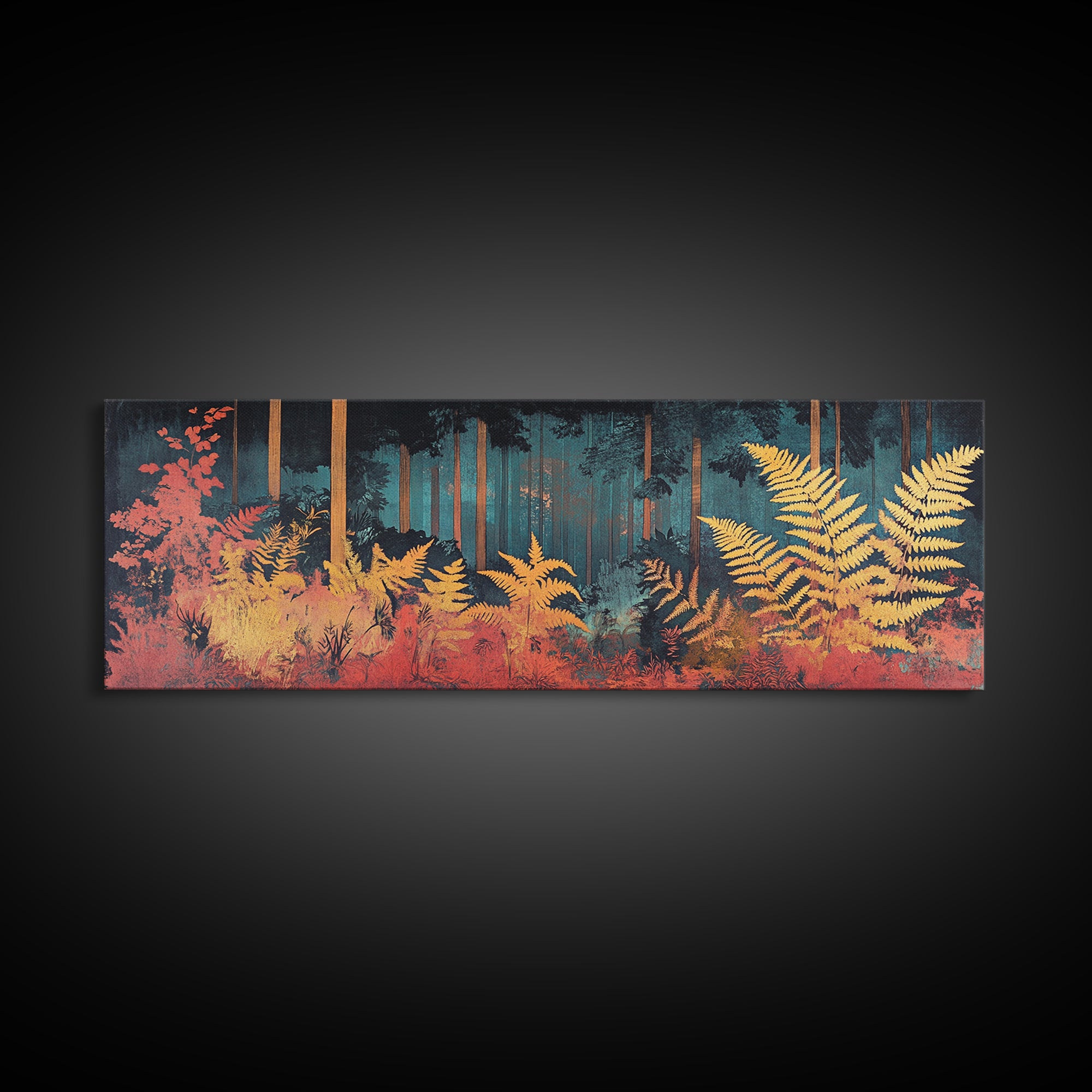 Golden Fern Forest Framed Canvas Print, Japanese Botanical Wall Art, Moody Nature Decor, Panoramic Living Room Artwork Gift