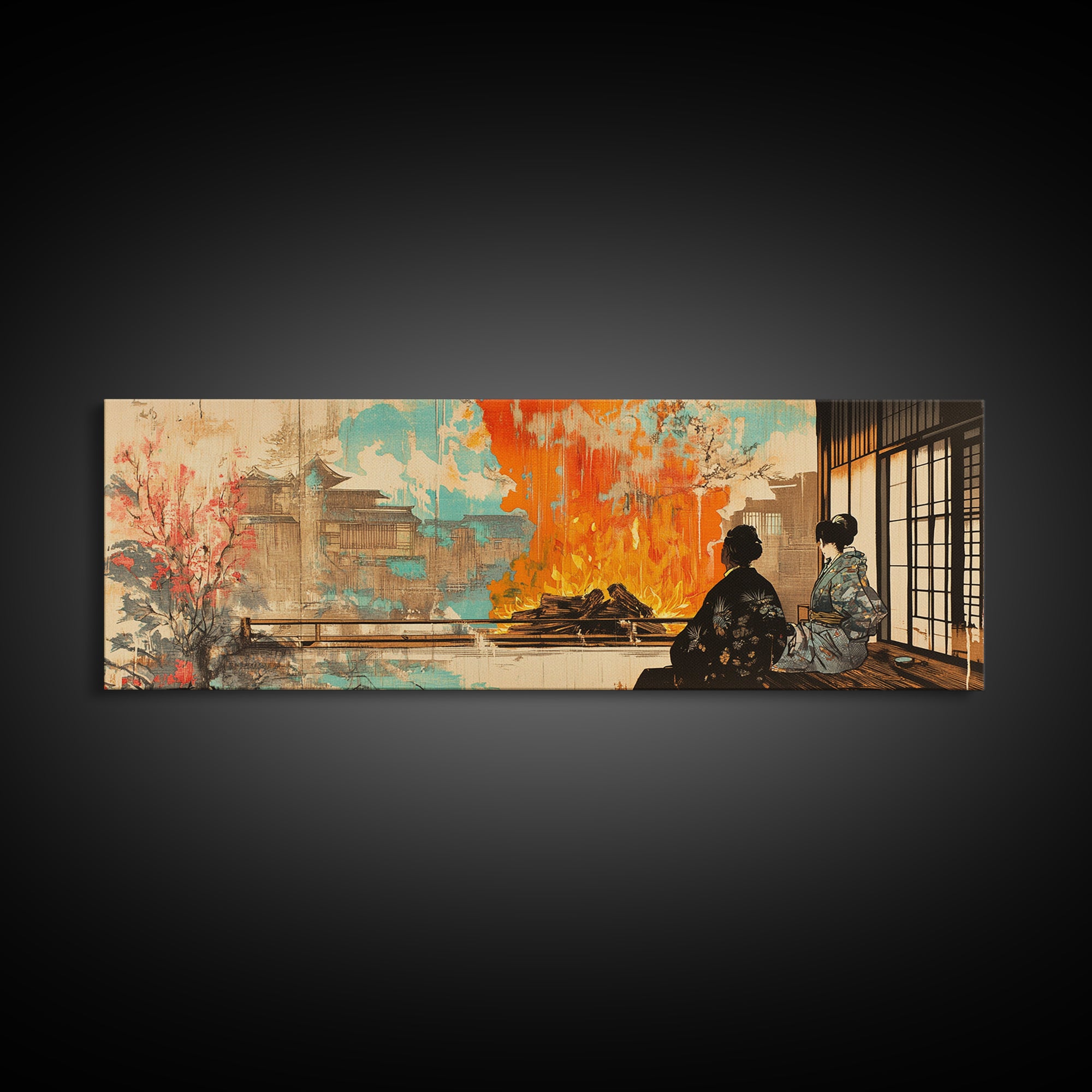 Japanese Tea House Fire Garden Wall Art, Cherry Blossom Pagoda Canvas, Japandi Decor, Asian Landscape, Living Room Art Print