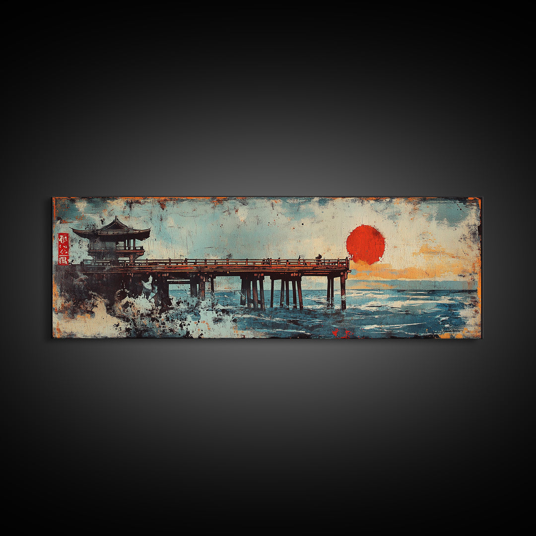 Japanese Pier Red Sun Wall Art, Ocean Waves Canvas Print, Asian Coastal Decor, Pagoda Seascape, Living Room Wall Art Print