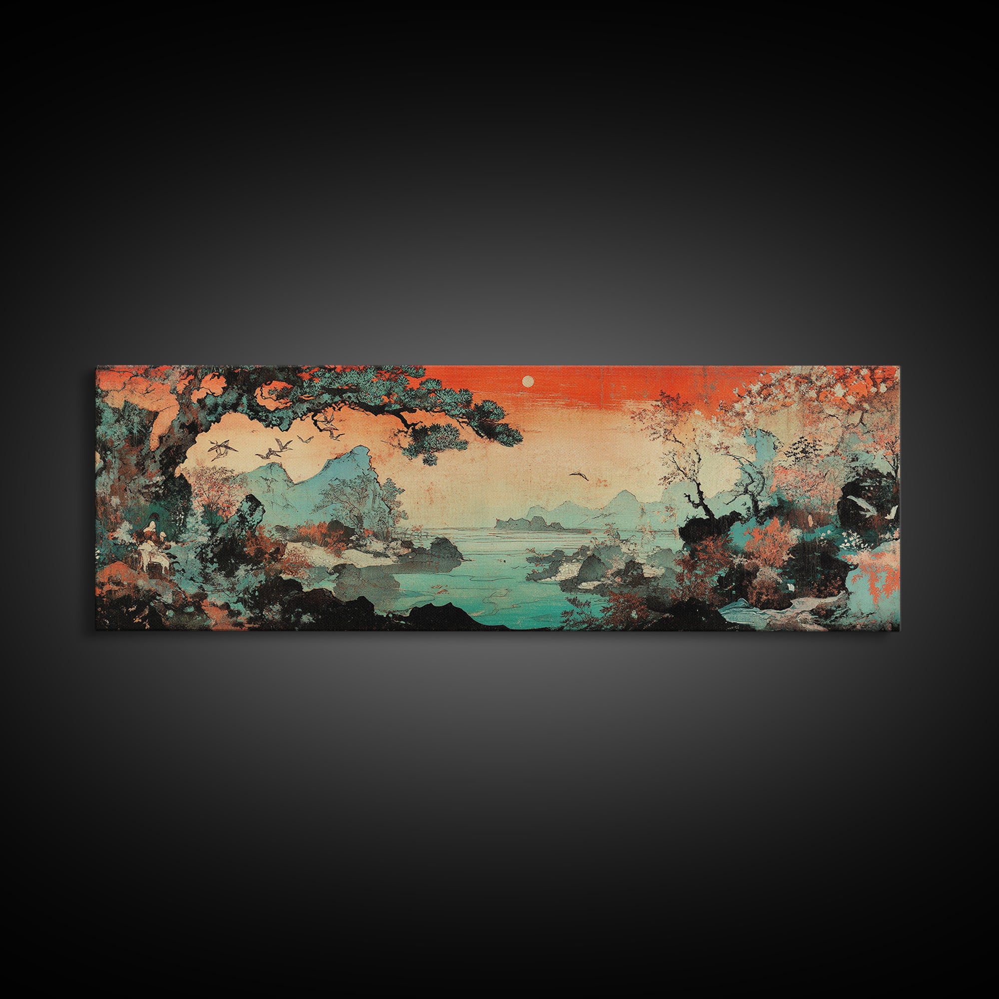 Misty Asian Lake Mountains Wall Art, Red Sunset Landscape Canvas Print, Japandi Decor, Nature Wall Art, Above Bed Decor Print