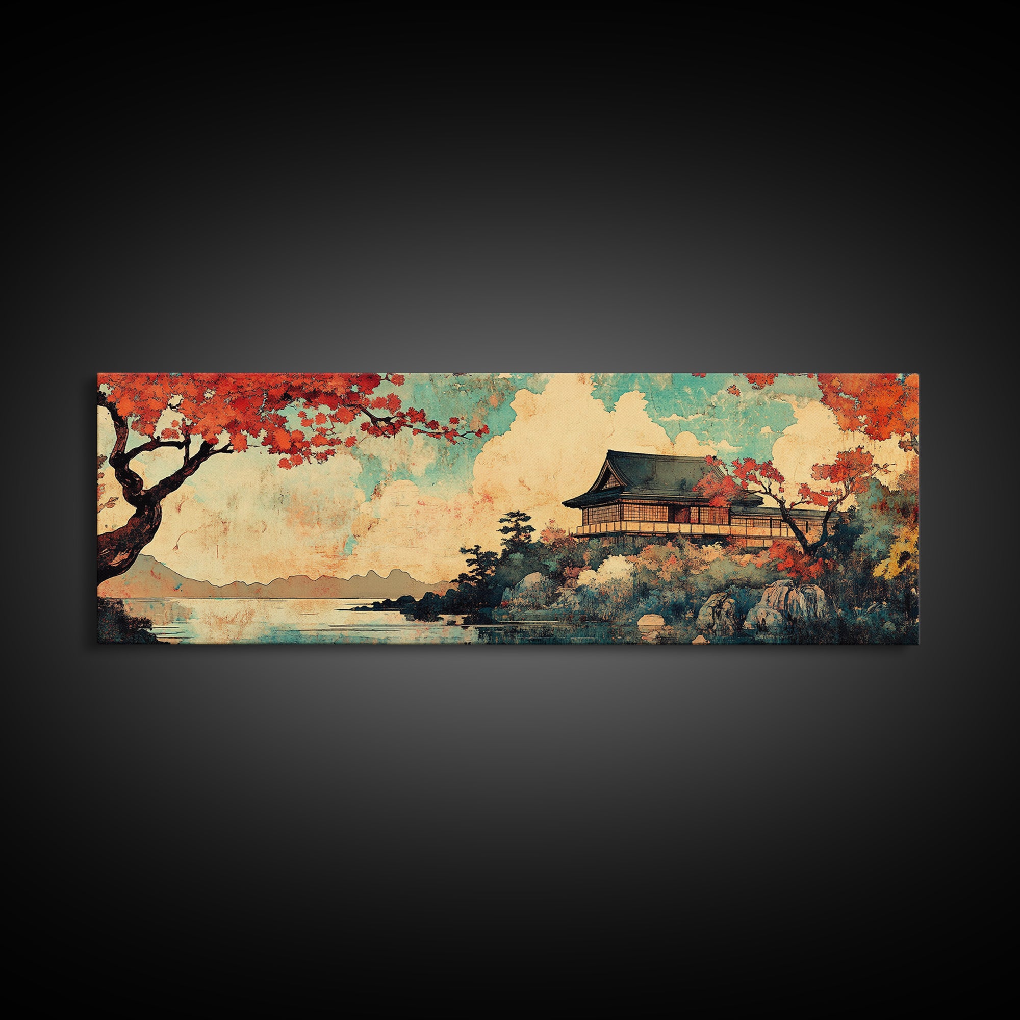 Japanese Temple Red Maple Wall Art, Mount Fuji Lake Canvas Print, Japandi Decor, Asian Landscape, Living Room Wall Art Print