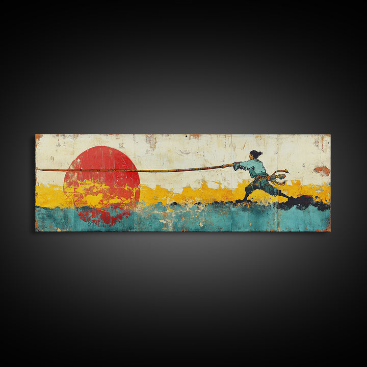Fisherman Pulling Rope Wall Art, Red Sun Canvas Print, Coastal Landscape, Japanese Inspired Decor, Long Horizontal Art Print