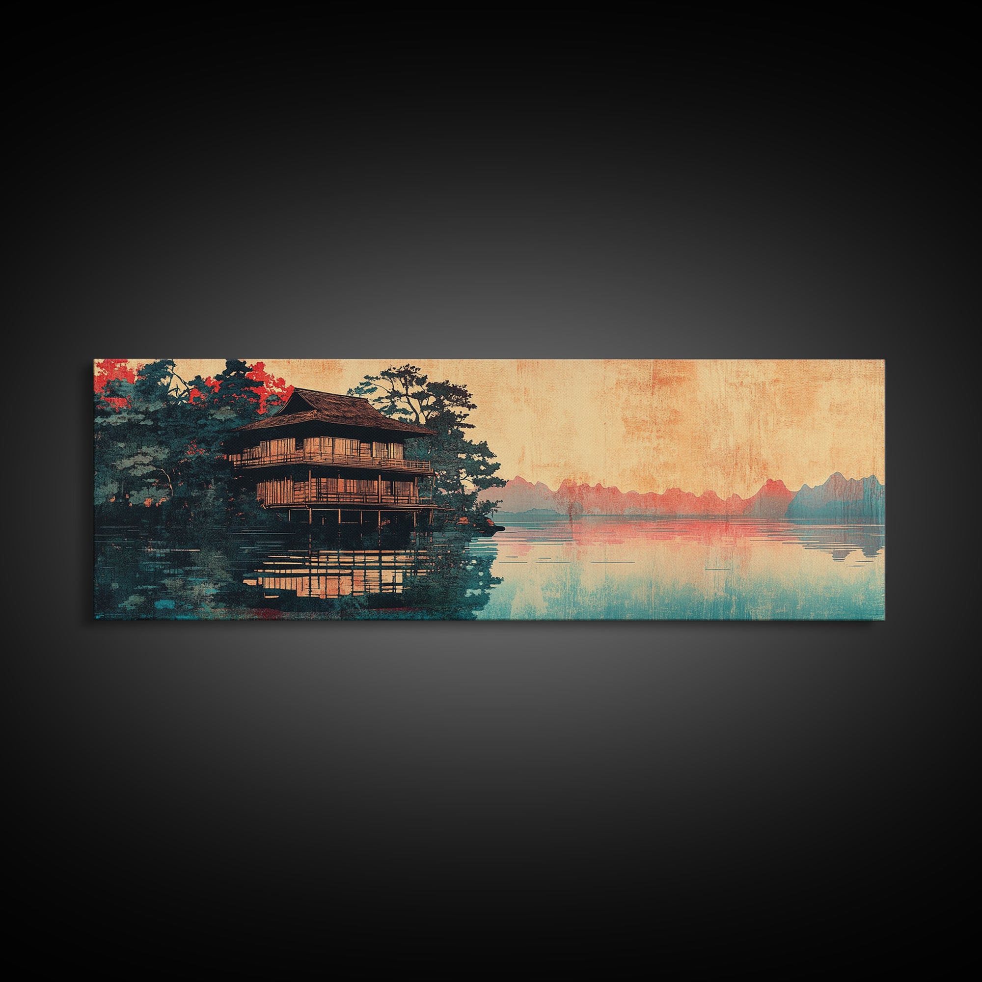 Japanese Pagoda On Misty Lake Wall Art, Panoramic Landscape Print, Asian Inspired Decor, Zen Living Room Wall Decor, Home Decor