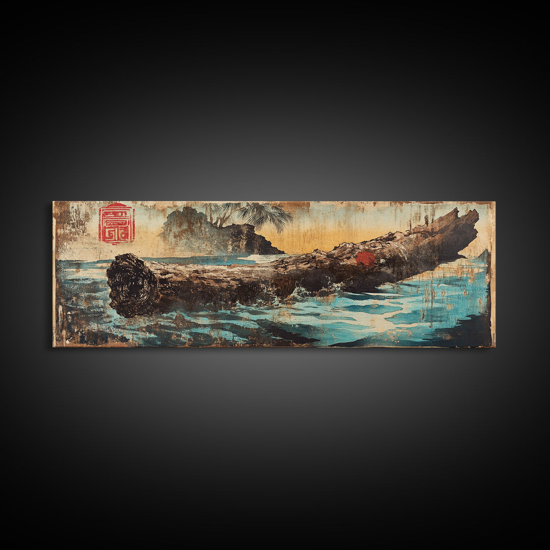 Weathered Driftwood Log On Blue Water Canvas Print, Japanese Nature Art, Rustic Coastal Decor, Zen Landscape Wall Art, Home Decor