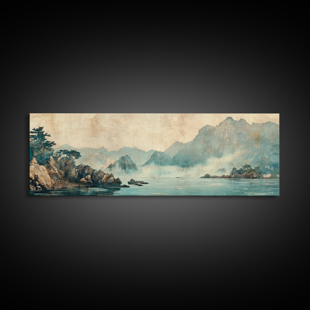 Misty Blue Mountain Lake Wall Art, Japanese Landscape Print, Zen Nature Decor, Panoramic Living Room Wall Decor, Calming Home Decor