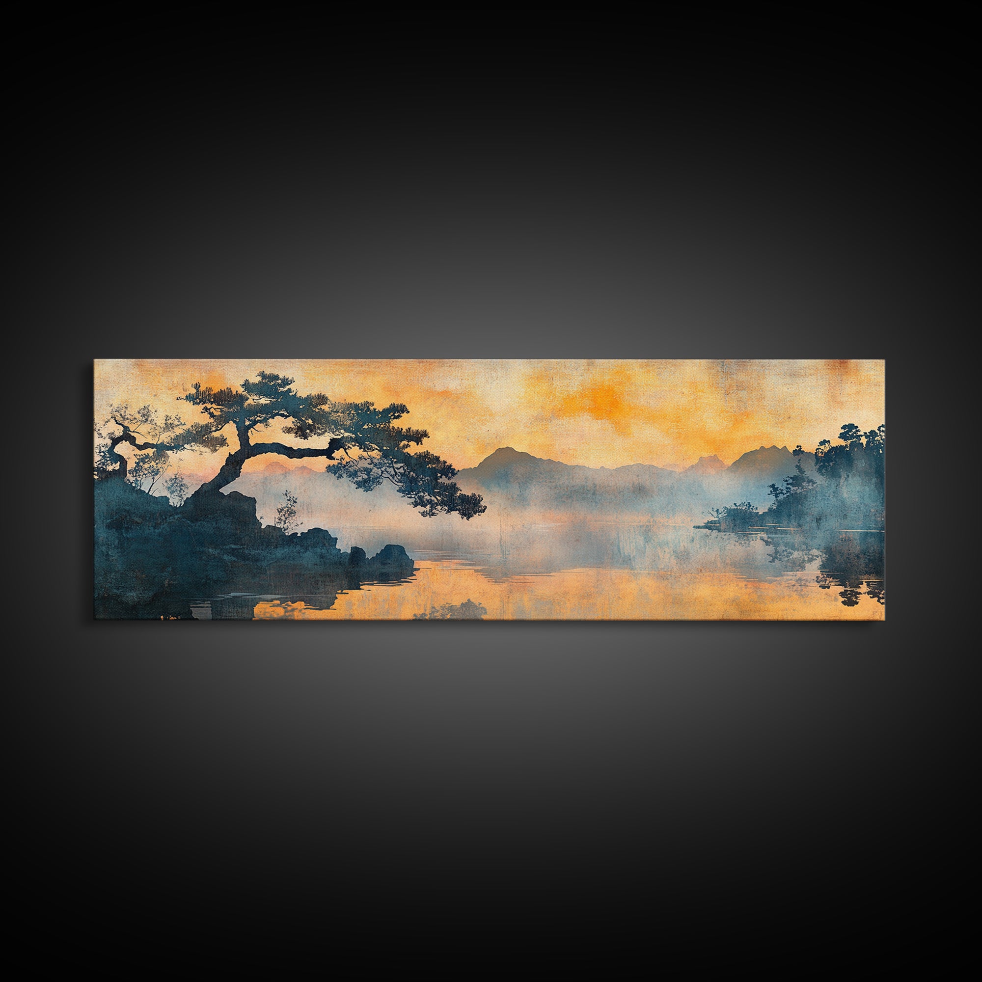 Orange Sunset Pine Lake Canvas Print, Japanese Landscape Wall Art, Moody Nature Decor, Zen Living Room Wall Decor, Warm Home Decor