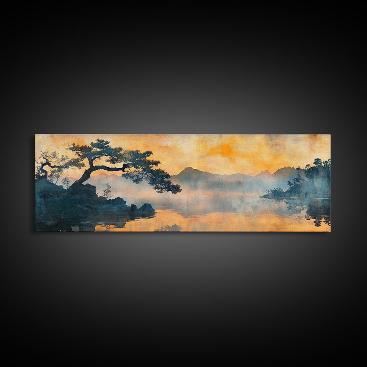 Orange Sunset Pine Lake Canvas Print, Japanese Landscape Wall Art, Moody Nature Decor, Zen Living Room Wall Decor, Warm Home Decor