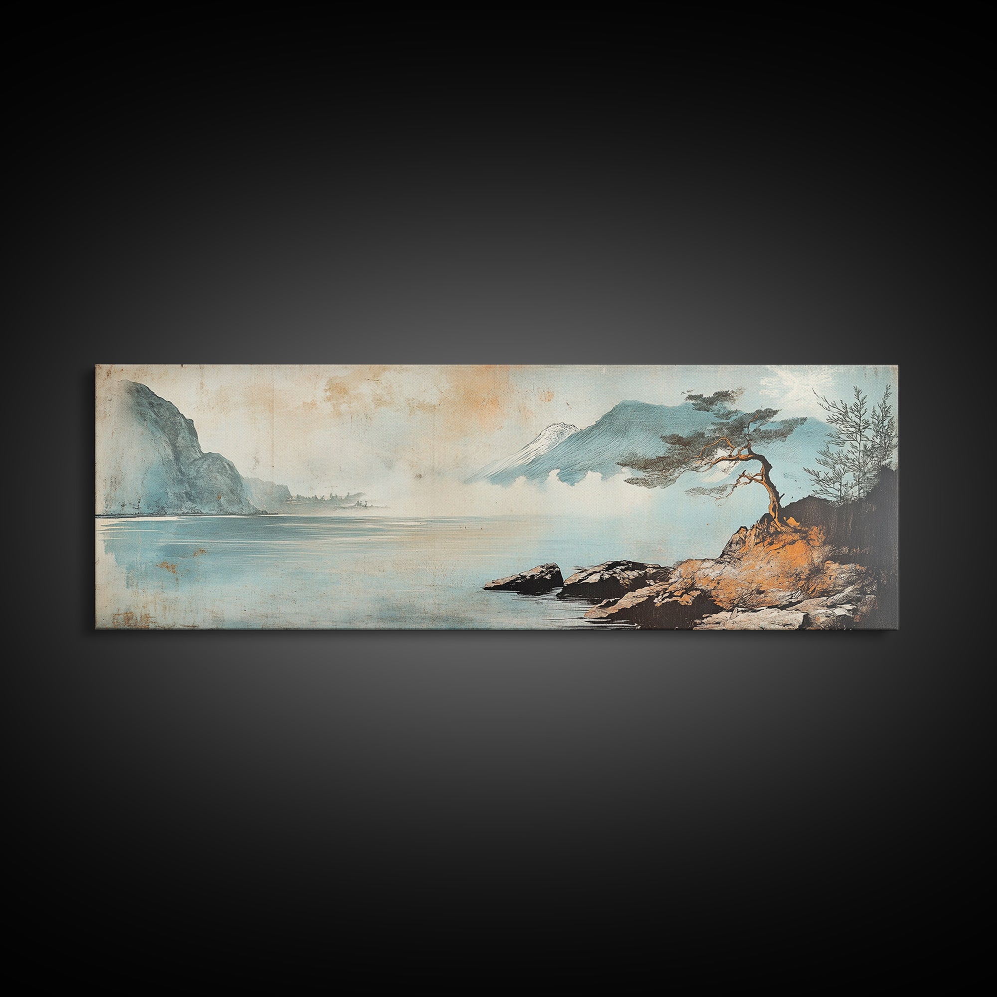 Lone Pine On Quiet Blue Shore Wall Art, Minimalist Japanese Landscape Print, Coastal Zen Decor, Calming Home Decor, Living Room Art
