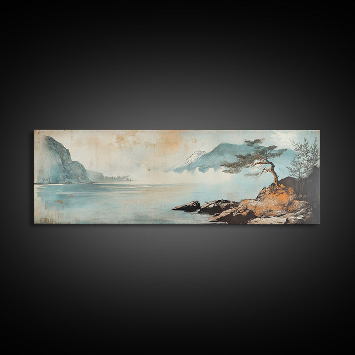 Lone Pine On Quiet Blue Shore Wall Art, Minimalist Japanese Landscape Print, Coastal Zen Decor, Calming Home Decor, Living Room Art