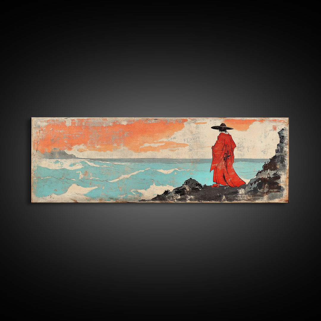 Red Robed Figure By Turquoise Sea Wall Art, Japanese Seascape Print, Coastal Asian Decor, Dramatic Wall Decor, Unique Home Decor
