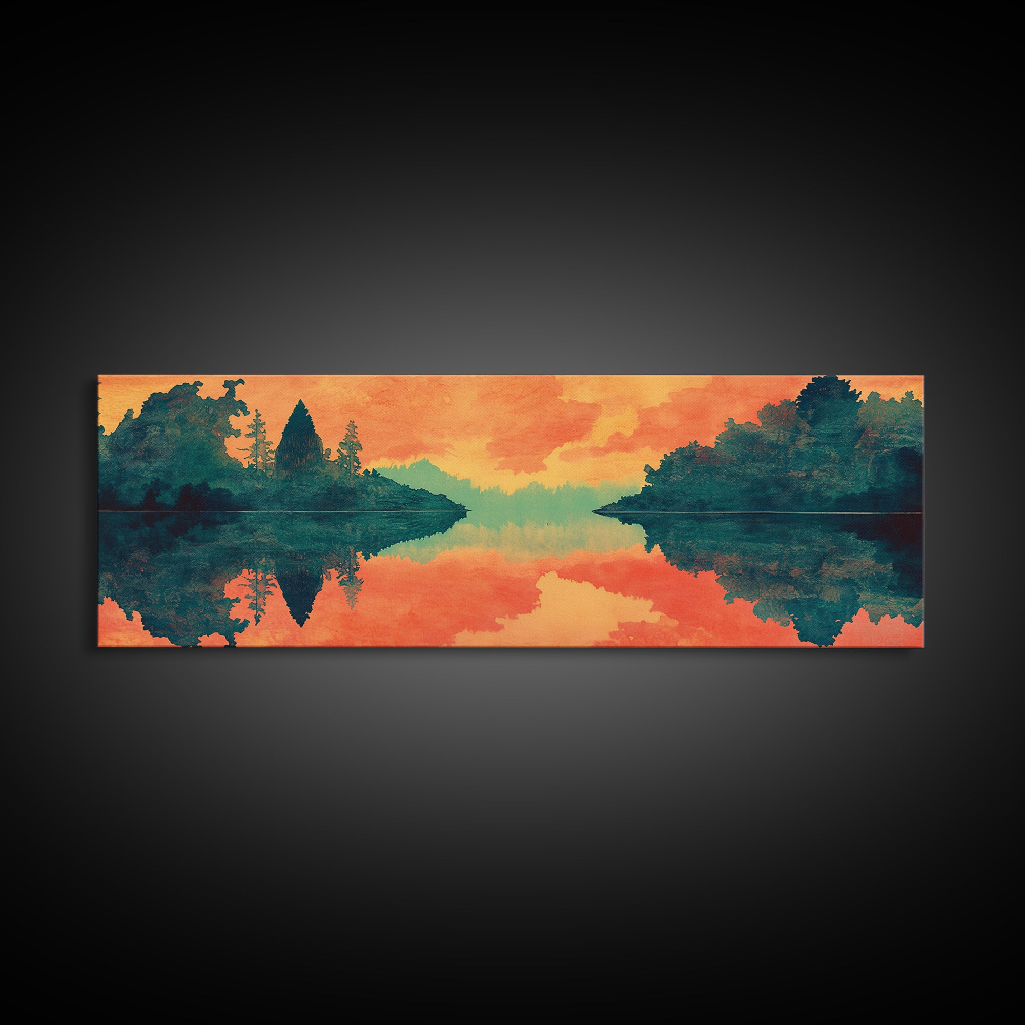 Orange Lake Reflection At Sunset Canvas Print, Forest Landscape Wall Art, Modern Nature Decor, Large Living Room Art, Home Decor