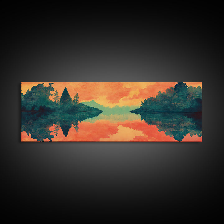 Orange Lake Reflection At Sunset Canvas Print, Forest Landscape Wall Art, Modern Nature Decor, Large Living Room Art, Home Decor