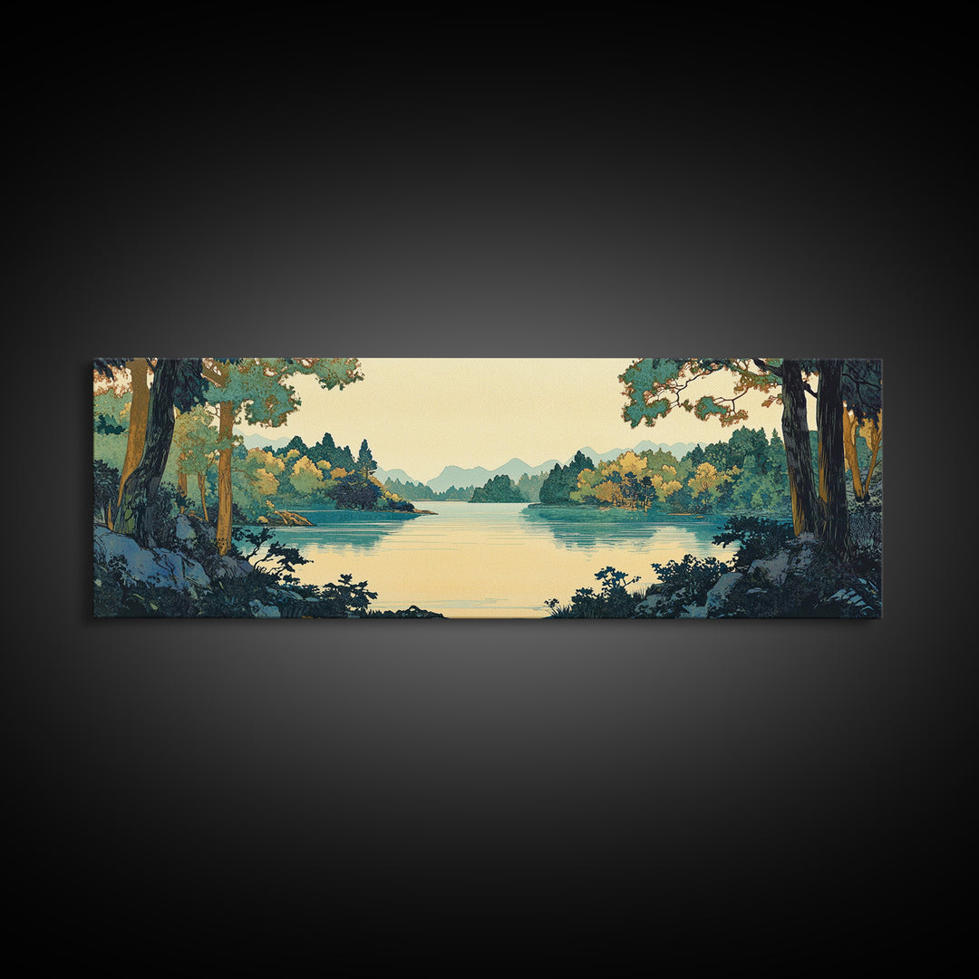 Framed Lake Through Forest Trees Wall Art, Japanese Landscape Print, Scenic Nature Decor, Blue Green Living Room Decor, Home Decor