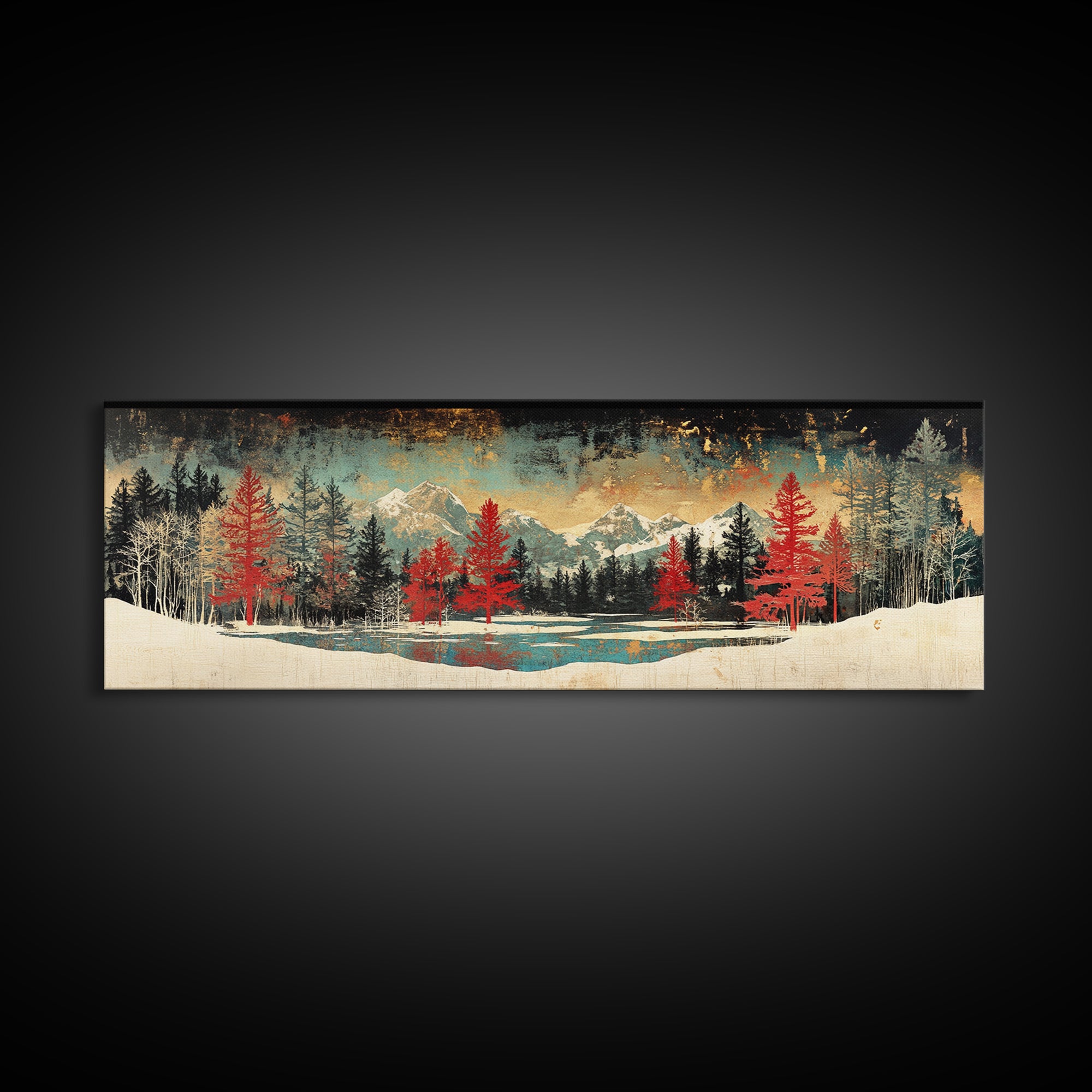 Snowy Mountain Forest With Red Pines Framed Canvas Print, Winter Landscape Wall Art, Rustic Cabin Decor For Living Room Decor