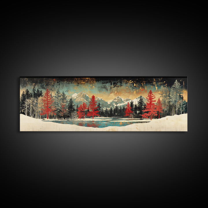 Snowy Mountain Forest With Red Pines Framed Canvas Print, Winter Landscape Wall Art, Rustic Cabin Decor For Living Room Decor
