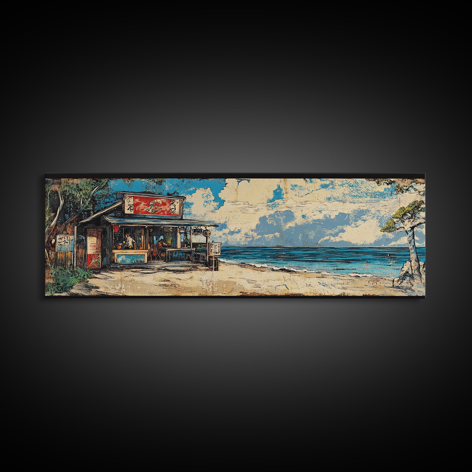 Beachfront Asian Food Shack Wall Art, Tropical Ocean Canvas Print, Coastal Kitchen Decor For Beach House Living Room Decor