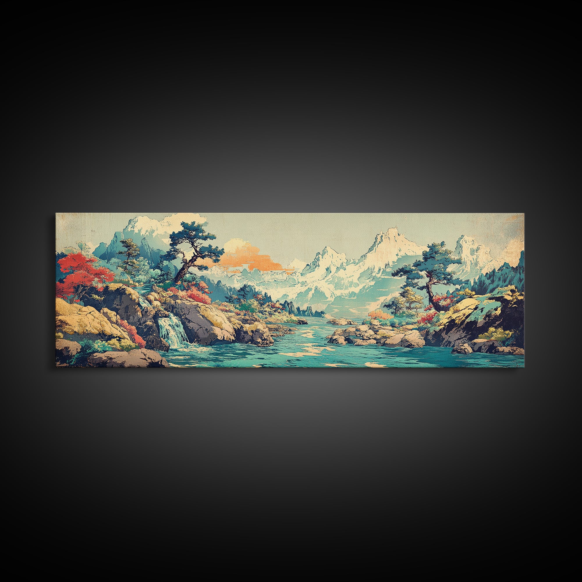 Turquoise River Waterfall And Snowy Pines Framed Canvas Print, Japanese Landscape Art, Mountain Wall Decor, Living Room Decor